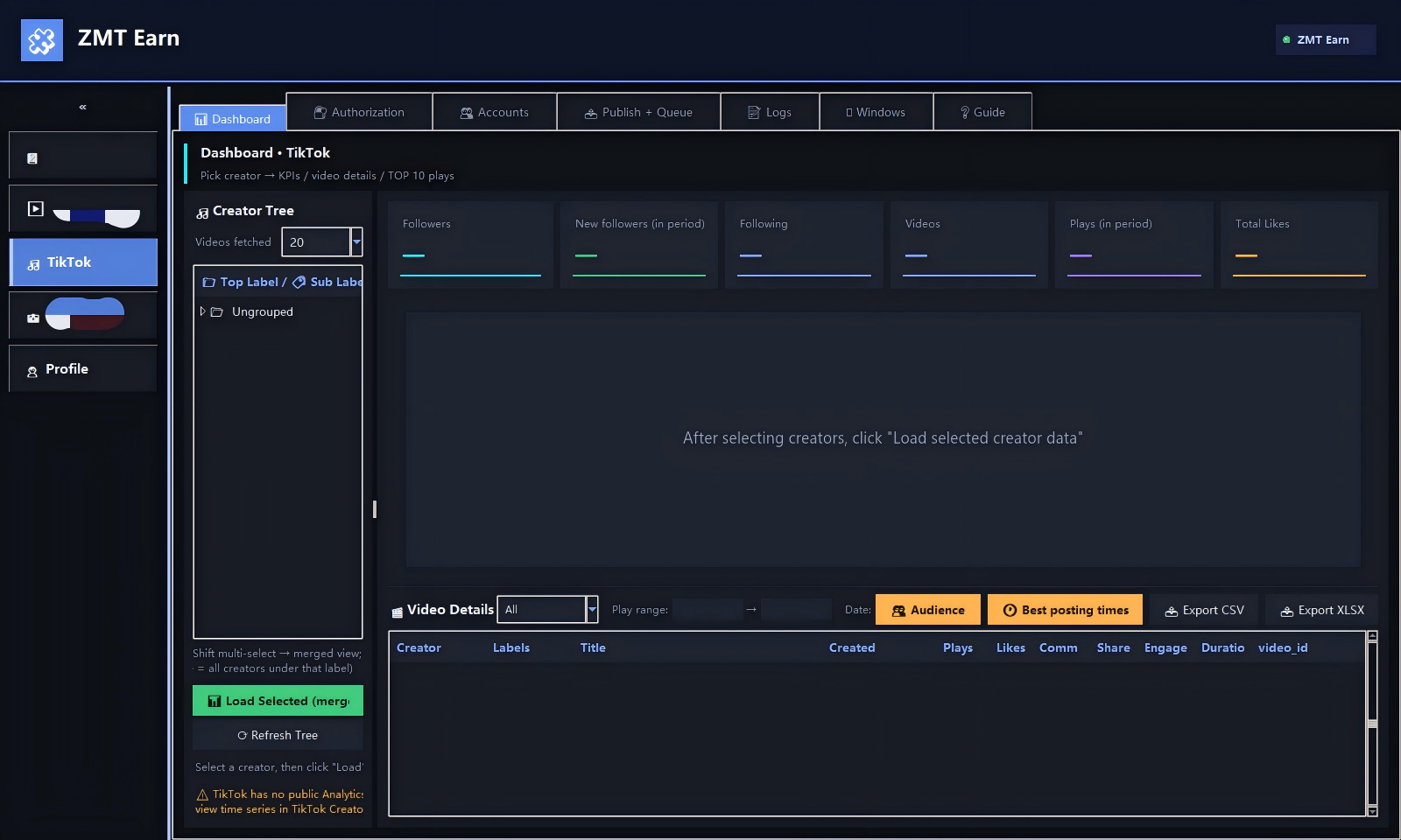 ZMT Earn dashboard showing TikTok creator analytics: followers, plays, likes and video details